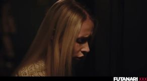 Tiny Blonde Futa Facefucked by Horny Real Life Shemale Amirah Cums in Her Mouth