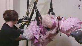 hanging legs up electro helpless slave gets e stim on cock and balls and is maid to struggle