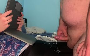 I jerk off and I cum on my girlfriend&#039;s black leggings