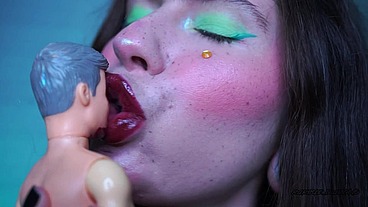 Giantess Halloween Kiss & Blowjob Tiny Ken in White Skirt