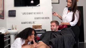 FANTASYFREEUSE - Thick Latina Miss Raquel and ebony Skyla Sun seduce a lucky guy who came for a haircut (Nicky Rebel)