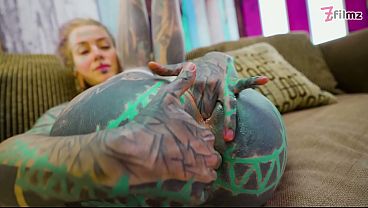 Inked Goddess in Heels &amp_ White Lace Rubs Her Pussy Like She Owns It