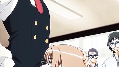 Watch this busty Japanese babe with glasses get pounded in a classroom orgy