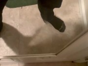 Horny college guy plays with thick dick in front of mirror