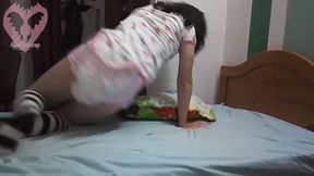 Diapered Latina cutie destroyed her pillow with a pounding dildo in her tight ass