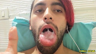 Big cock Jerking off in my sport pants and eating my cum - Camilo Brown