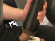 RISKY MASTURBATION and CHASTITY DEVICE ON + HEAVY BALL STRETCHER at PUBLIC HOTEL'S GYM