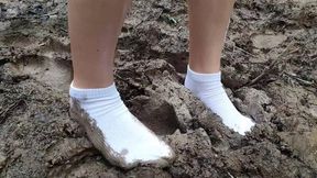 White socks in mud, dirty white socks, muddy white socks, muddy puddles socks walking