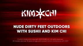 Nude Dirty Feet Outdoors with Sushi and Kim chi