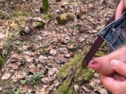Spring outdoor pissing in the forest by horny man with hairy uncut boner. Pee on camera