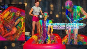 Honey Poured First Then 7 Rainbow Paint Buckets – Full Body Covering, Boxers Off and Color Mixing in Inflatable Pool