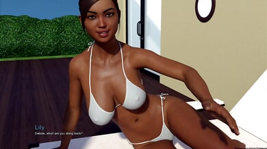 Toned women in bikinis play voyeuristic games in the sun with downblouse and upskirt teasing