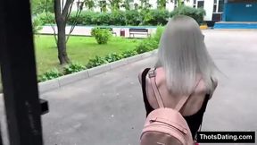 Hot Blonde in Red Skirt Sucks Cock on Balcony