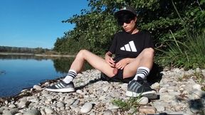 Gay twink jerks off on cumbeach then real snake slithers over his sticky thighs