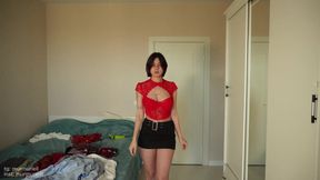 Shy and cute girl tries on new clothes and dances nude