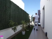 Public exhibitionist in white spandex
