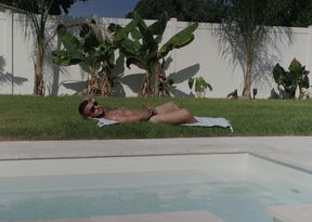 Tattoo Covered Muscle Jock Stroking his Big Hard Cock Outdoors By The Pool After Working Hard