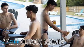 NastyTwinks - Outdoor Bathroom - Jay Angelo Takes Douche When Jordan Haze Joins, Sans a condom Bathroom Tear up