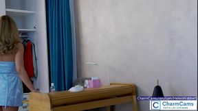 Elegant Babe Helen teases in blue dress and thong