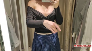 Trying on transparent sexy clothes in a mall. Look at me in the fitting room and jerk off