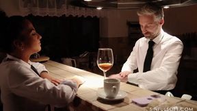 Latina waitress Medusa Porn has sex with older barman Lutro Maestro on the floor and