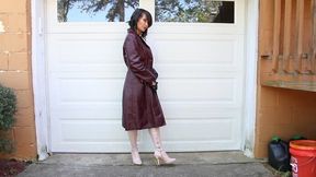 Jane Domino Vintage Maroon Leather Trench Coat, Shiny Pants & Shiny Boots