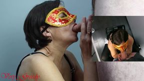 MILF with a red mask sucks her husbands big cock and takes a huge facial to taste the cum