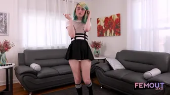 Slim Emo Tgirl Lemmi Strips Skirt Socks Off to Stroke Cock