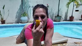 outdoor anal play: banana, spread ass, wet pink, pool splash