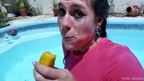 outdoor anal play: banana, spread ass, wet pink, pool splash