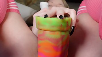 Amateur brunette MILF MarieKaleida masturbates with huge dildo