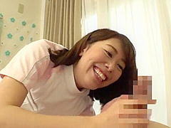 She wipes his dick, gives him a handjob and a blowjob, then jerks his shaved pussy until he squirts.