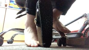 Candid Barefoot Shoe Dipping Librarian at Work Under Desk