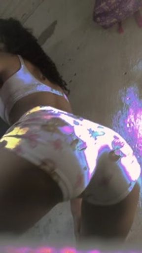 Brunette rumbling in tight shorts