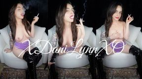 Smoking in Purple Corset and Boots