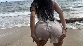 wet look on the beach, clothes swept away by the current, and naked outdoors
