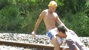 Amazing exhib with twink fucked in exhib train rail