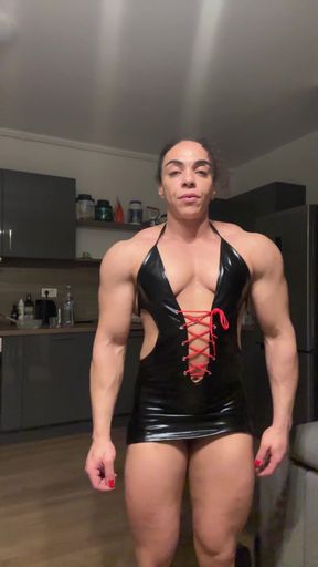 Female bodybuilder in black lingerie