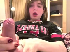 Tight tranny Yuri Myeon in red lingerie solo masturbation