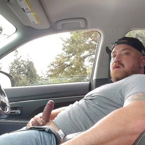 Handsome stocky beefy jock masturbating in car