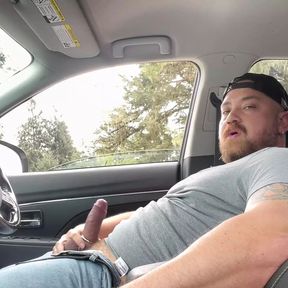 Handsome stocky beefy jock masturbating in car