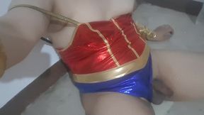 extended cut: anal impregnated big dick transvestite wonder woman jerking off and cumming after cumfarting and slapping her belly