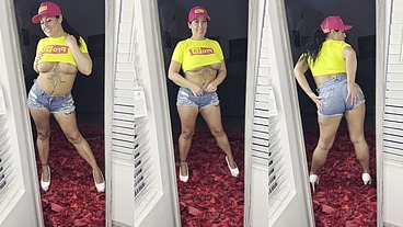 Latina PAWG in Tight Jean Shorts Mirror Tease