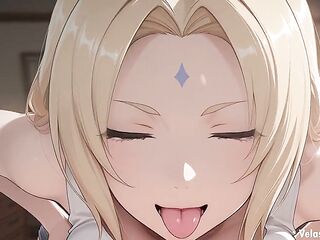 Tsunade's stepmother inadvertently saw her stepson's giant jock and couldn't resist. Tsunade anime cosplay (AI-generated)