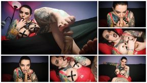 JOI and foot job on a dildo from Satanic, busty and inked Mistress in red PVC