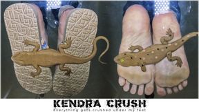 Heavy Crush and Stomp Gecko Toy Under Glass - Platform Flip Flops and Bare Feet