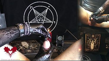 Sperm extraction with a drinking straw. Latex gloves and wristwatch. In the style of WatchesAndNails.