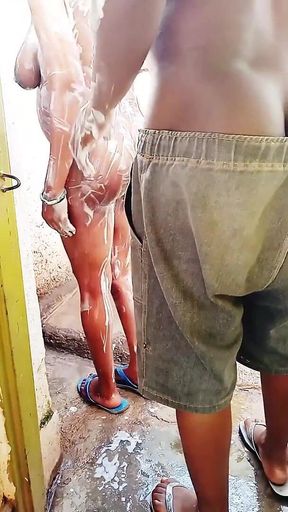 Outdoor Bathing My Pregnant Girlfriend in Dirty Environment
