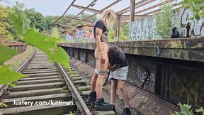 Real blonde amateur couple have hardcore sex and squirt on abandoned railway