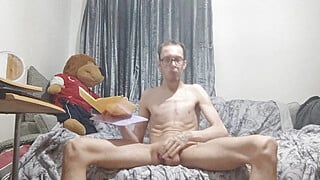 Food mukbang very skinny teen eats a kebab try while showing off his skinny body and flexibility